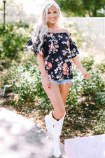 Load image into Gallery viewer, Blue Ruffle Off Shoulder Flounce Sleeve Floral Blouse - Fashion Queen -  12