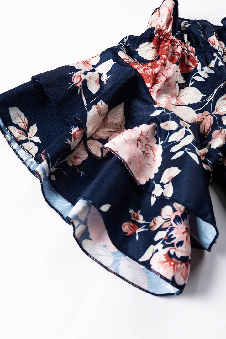 Blue Ruffle Off Shoulder Flounce Sleeve Floral Blouse - Fashion Queen -  22
