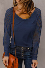 Load image into Gallery viewer, Blue Sheer Stripe V-Neck Top - Fashion Queen - 3