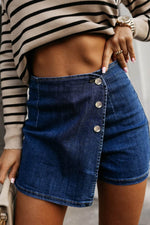 Load image into Gallery viewer, Bluing Asymmetric Wrapped Buttoned High Waist Denim Shorts - Fashion Queen - 1