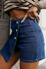 Load image into Gallery viewer, Bluing Asymmetric Wrapped Buttoned High Waist Denim Shorts - Fashion Queen - 3