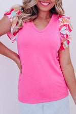 Load image into Gallery viewer, Bonbon V Neck Printed Ruffle Sleeve Patchwork T-shirt - Fashion Queen - 1