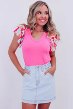 Load image into Gallery viewer, Bonbon V Neck Printed Ruffle Sleeve Patchwork T-shirt - Fashion Queen - 6