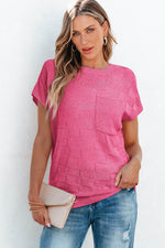 Load image into Gallery viewer, Bright Pink Lattice Textured Knit Short Sleeve Sweater - Fashion Queen - 11