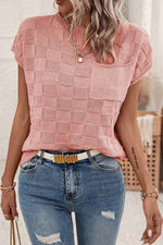Load image into Gallery viewer, Bright Pink Lattice Textured Knit Short Sleeve Sweater - Fashion Queen - 4
