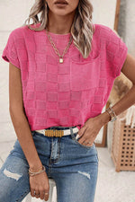 Load image into Gallery viewer, Bright Pink Lattice Textured Knit Short Sleeve Sweater - Fashion Queen - 8