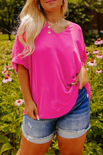 Load image into Gallery viewer, Bright Pink Seamed Back High Low Hem V Neck Cuffed Sleeve Plus Size Tee - Fashion Queen - 1