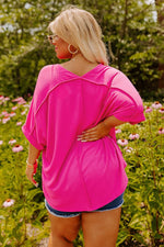 Load image into Gallery viewer, Bright Pink Seamed Back High Low Hem V Neck Cuffed Sleeve Plus Size Tee - Fashion Queen - 2
