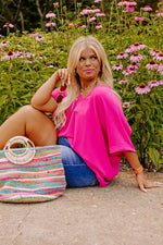 Load image into Gallery viewer, Bright Pink Seamed Back High Low Hem V Neck Cuffed Sleeve Plus Size Tee - Fashion Queen - 5