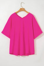 Load image into Gallery viewer, Bright Pink Seamed Back High Low Hem V Neck Cuffed Sleeve Plus Size Tee - Fashion Queen - 7
