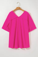 Load image into Gallery viewer, Bright Pink Seamed Back High Low Hem V Neck Cuffed Sleeve Plus Size Tee - Fashion Queen - 8