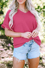 Load image into Gallery viewer, Bright Pink Textured Rolled Sleeve V Neck Tee - Fashion Queen - 11