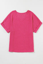 Load image into Gallery viewer, Bright Pink Textured Rolled Sleeve V Neck Tee - Fashion Queen - 12