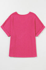 Load image into Gallery viewer, Bright Pink Textured Rolled Sleeve V Neck Tee - Fashion Queen - 13
