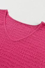Load image into Gallery viewer, Bright Pink Textured Rolled Sleeve V Neck Tee - Fashion Queen - 15