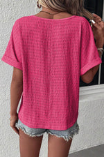 Load image into Gallery viewer, Bright Pink Textured Rolled Sleeve V Neck Tee - Fashion Queen - 2