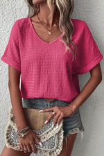 Load image into Gallery viewer, Bright Pink Textured Rolled Sleeve V Neck Tee - Fashion Queen - 3