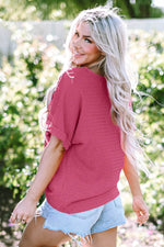 Load image into Gallery viewer, Bright Pink Textured Rolled Sleeve V Neck Tee - Fashion Queen - 9