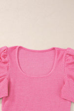 Load image into Gallery viewer, Bright Pink Waffle Knit Ruched Puff Sleeve Top - Fashion Queen - 11