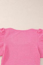 Load image into Gallery viewer, Bright Pink Waffle Knit Ruched Puff Sleeve Top - Fashion Queen - 12