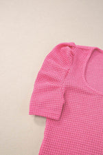 Load image into Gallery viewer, Bright Pink Waffle Knit Ruched Puff Sleeve Top - Fashion Queen - 13