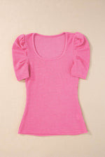 Load image into Gallery viewer, Bright Pink Waffle Knit Ruched Puff Sleeve Top - Fashion Queen - 9