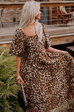 Load image into Gallery viewer, Brown Leopard Print Bubble Sleeve Square Neck Maxi Dress - Fashion Queen - 12