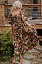 Load image into Gallery viewer, Brown Leopard Print Bubble Sleeve Square Neck Maxi Dress - Fashion Queen - 13