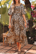 Load image into Gallery viewer, Brown Leopard Print Bubble Sleeve Square Neck Maxi Dress - Fashion Queen - 6