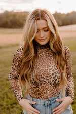 Load image into Gallery viewer, Brown Leopard Smocked Neck Mesh Long Sleeve Bodysuit - Fashion Queen - 11