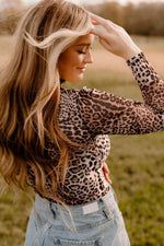 Load image into Gallery viewer, Brown Leopard Smocked Neck Mesh Long Sleeve Bodysuit - Fashion Queen - 17