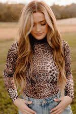 Load image into Gallery viewer, Brown Leopard Smocked Neck Mesh Long Sleeve Bodysuit - Fashion Queen - 18