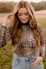 Load image into Gallery viewer, Brown Leopard Smocked Neck Mesh Long Sleeve Bodysuit - Fashion Queen - 19