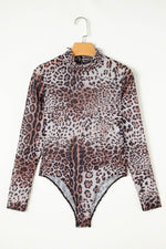 Load image into Gallery viewer, Brown Leopard Smocked Neck Mesh Long Sleeve Bodysuit - Fashion Queen - 22