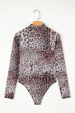 Load image into Gallery viewer, Brown Leopard Smocked Neck Mesh Long Sleeve Bodysuit - Fashion Queen - 23