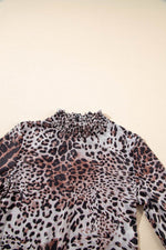 Load image into Gallery viewer, Brown Leopard Smocked Neck Mesh Long Sleeve Bodysuit - Fashion Queen - 24