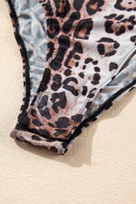 Load image into Gallery viewer, Brown Leopard Smocked Neck Mesh Long Sleeve Bodysuit - Fashion Queen - 26