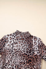 Load image into Gallery viewer, Brown Leopard Smocked Neck Mesh Long Sleeve Bodysuit - Fashion Queen - 28