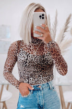 Load image into Gallery viewer, Brown Leopard Smocked Neck Mesh Long Sleeve Bodysuit - Fashion Queen - 3