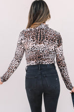 Load image into Gallery viewer, Brown Leopard Smocked Neck Mesh Long Sleeve Bodysuit - Fashion Queen - 4