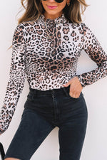Load image into Gallery viewer, Brown Leopard Smocked Neck Mesh Long Sleeve Bodysuit - Fashion Queen - 7