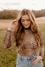 Load image into Gallery viewer, Brown Leopard Smocked Neck Mesh Long Sleeve Bodysuit - Fashion Queen - 8