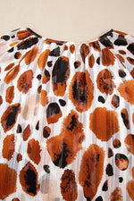 Load image into Gallery viewer, Brown Metallic Threading Accents Pleated Abstract Printed Ruffled 3/4 Sleeve Blouse - Fashion Queen - 21