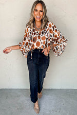 Load image into Gallery viewer, Brown Metallic Threading Accents Pleated Abstract Printed Ruffled 3/4 Sleeve Blouse - Fashion Queen - 3