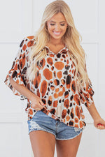 Load image into Gallery viewer, Brown Metallic Threading Accents Pleated Abstract Printed Ruffled 3/4 Sleeve Blouse - Fashion Queen - 4