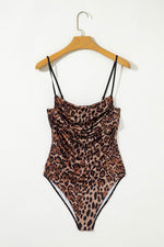 Load image into Gallery viewer, Brown Spaghetti Straps Ruched Leopard Bodysuit - Fashion Queen - 4