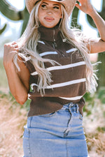 Load image into Gallery viewer, Brown Stripe Zipped Collar Cap Sleeve Knit Top - Fashion Queen - 1