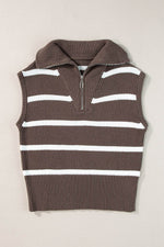 Load image into Gallery viewer, Brown Stripe Zipped Collar Cap Sleeve Knit Top - Fashion Queen - 13