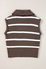 Load image into Gallery viewer, Brown Stripe Zipped Collar Cap Sleeve Knit Top - Fashion Queen - 14
