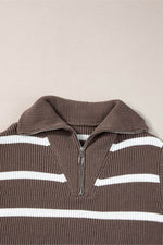 Load image into Gallery viewer, Brown Stripe Zipped Collar Cap Sleeve Knit Top - Fashion Queen - 15